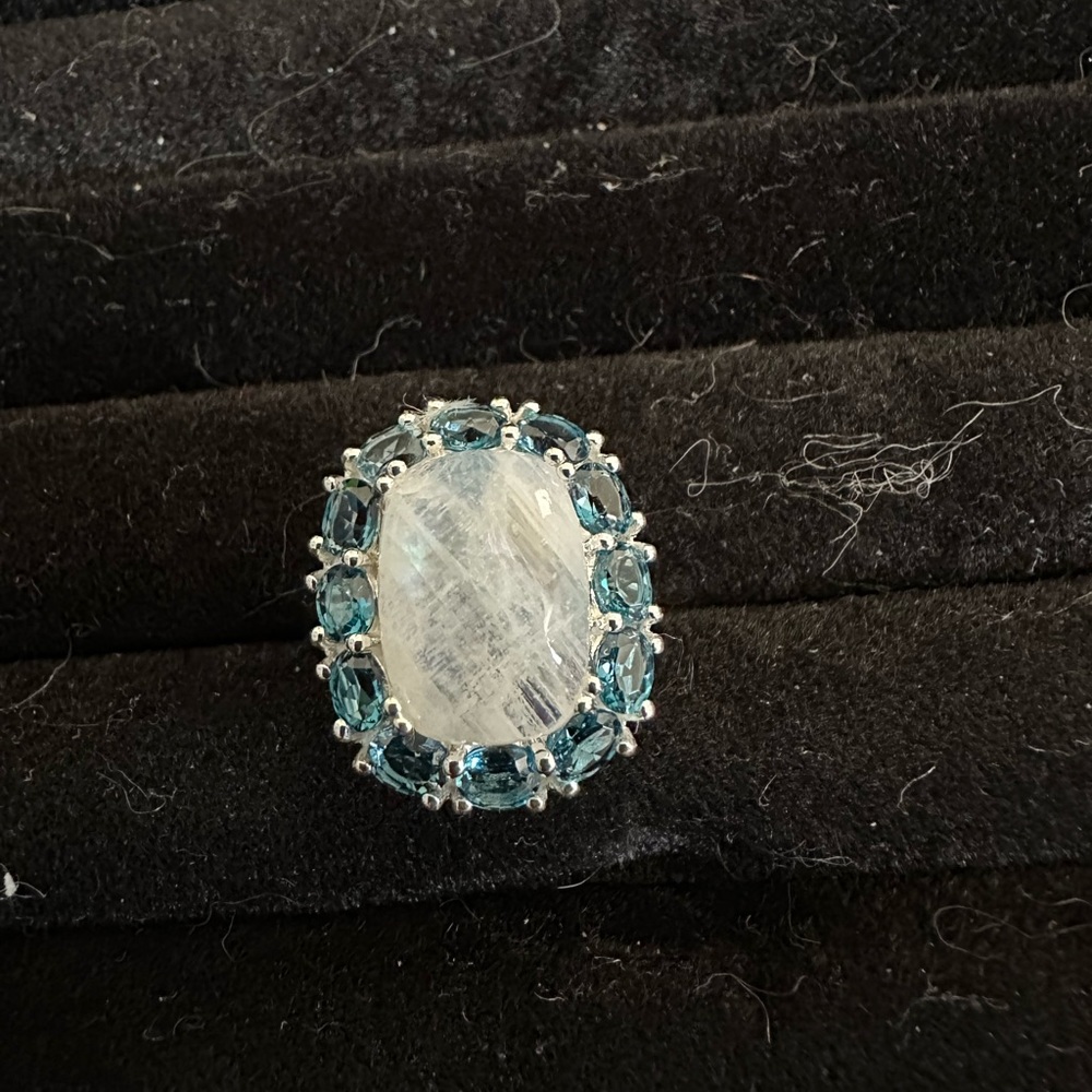 Sterling Silver Rainbow Moonstone surrounded by Blue Topaz Ring Size 10